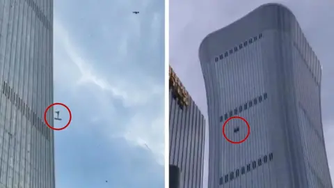 Split-screen showing aircraft debris falling next to building on the left, and damaged skyscraper on the right