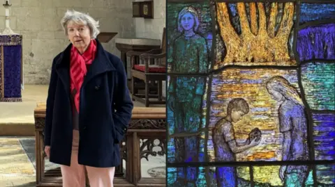 Composite image showing a woman on the left standing in a church, wearing a navy jacket and red scarf. On the right there is a stained glass window.