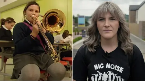 Symone Hutchison of the Big Noise Orchestra pictured in 2012 and 2022