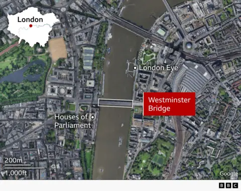 Annotated satellite map of central London showing the location of Westminster Bridge on the River Thames. The bridge is highlighted between the Houses of Parliament on the west bank and the area around Waterloo Station and the London Eye on the east bank. An inset map of Greater London marks the location within the capital. 