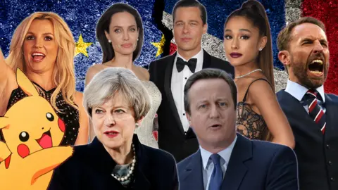 PA/Reuters/Getty Images Britney Spears, Angelina Jolie, Brad Pitt, Ariana Grande, Gareth Southgate, David Cameron and Theresa May and Pikachu