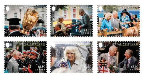 A picture of the stamps that are to be released. There is 6 Images, 3 images on 2 rows each. They are all titled Royal Visit 2024