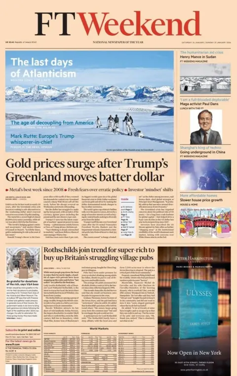 "Gold prices surge after Trump's Greenalnd moves batter dollar" reads the headline on the front page of the Financial Times.