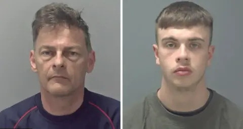 David and Edward King's custody pictures side by side. David King is older and has brown and grey hair. He wears a navy T-shirt. Edward King is young and has short dark hair that slightly rests over his forehead. He wears a green T-shirt.