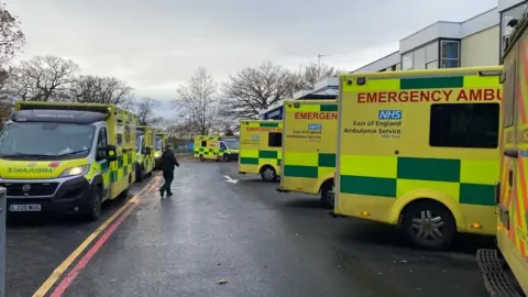 Sarah Jones Ambulances queueing outside the Queen Elizabeth Hospital