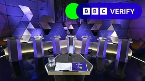 A picture of the BBC Election Debate studio, showing seven lecterns in front of another lectern for the moderator, with an abstract backdrop of triangular shapes