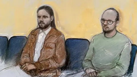 Elizabeth Cook A court artist's sketch of Jamie Varley (left), and John McGowan-Fazakerley, the former wearing a white shirt and brown jacket and the latter wearing a light green jumper