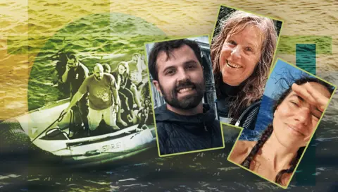 BBC Gambar gabungan yang menampilkan penumpang Sea Story diselamatkan dengan perahu kecil. Di latar depan terdapat potret tersenyum dari tiga orang yang selamat - Justin, Froydis dan Lisa.