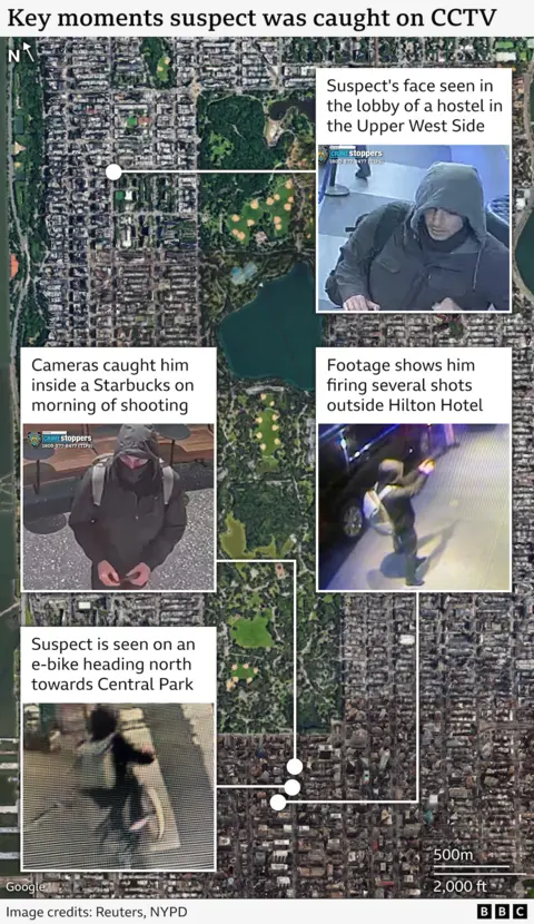 A illustration  showing cardinal  moments erstwhile   the fishy  was caught connected  CCTV, successful  the lobby of a hostel, wrong   a Starbucks cofee store  connected  the greeting  of the shooting, firing respective  shots extracurricular  Hilton Hotel and connected  an e-bike heading northbound  towards Central Park