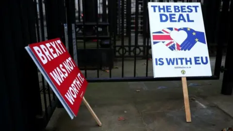 Reuters Anti-Brexit signs placed at the gates of Downing Street in London. Photo: 24 December 2020