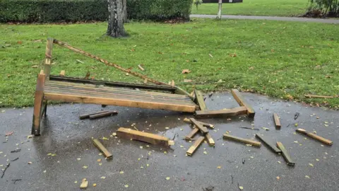 Emma Marie Castelluccio The photo shows what would have been a bench - but over 20 of the panels, as well as the legs and arms on one side, have been cut up. It's leaning on the floor. It's situated in a park, which is filled with grass and trees. 