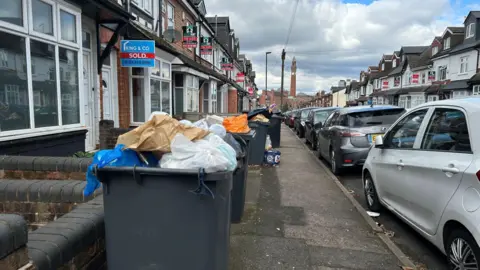 Dozens of overflowing bins on the pavements. Cars and houses line each side of the road.