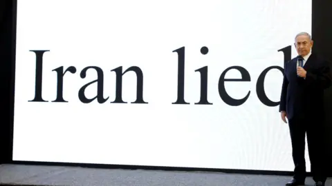 Reuters PM Netanyahu in front of a screen bearing the words, "Iran lied"