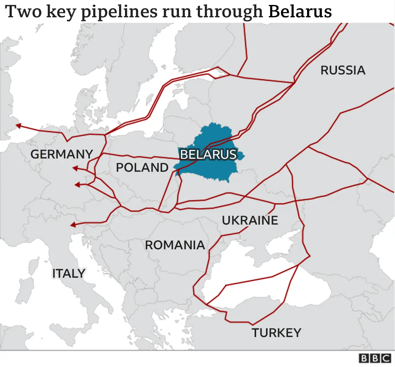 Map showing pipelines through Belarus