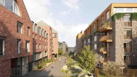 An artist impression of blocks of new builds on either side of a path. Some of the buildings are red brick and others brown brick.