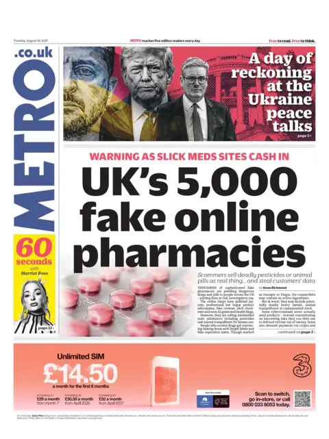 "UK's 5000 fake online pharmacies" reads the headline on the front page of the Metro.