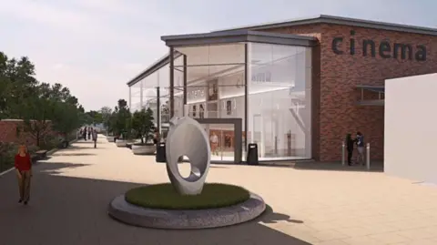 A computer-generated image showing how a cinema could look in the centre of Sleaford. The cinema is a two-story, red-brick building with a full-height glass atrium. It is surrounded smart, sand-coloured paving, with an oval, stone sculpture in the foreground.