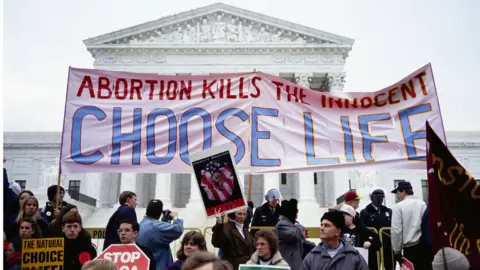 Getty Images Anti-abortion activists protest outside the US Supreme Court in 1993, the first year of Clinton's presidency