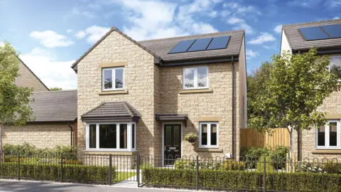 Artist's impression of one of the new properties. It is a two-storey brick building with a black front door and windows to either side. There are two windows to the upper floor as well and solar panels on the roof. A metal fence runs along the front of the house.