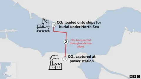 A graphic showing how C02 will be transported across the Milford Haven estuary on to a ship and then taken to be buried under the North Sea