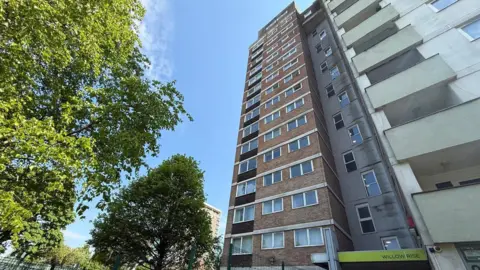 A tall brown brick tower block with green writing about the door which says Willow Rise. Two trees are to the left of the flats.