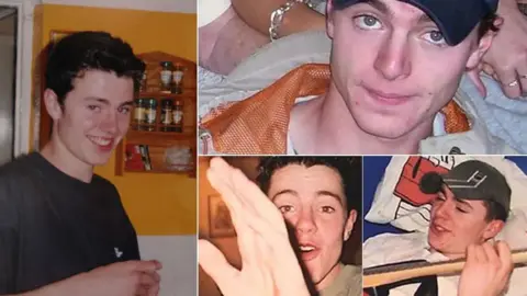 A composite of four images of Luke Durbin, a young white man with dark hair. In two of the photos he is wearing a dark baseball cap.
