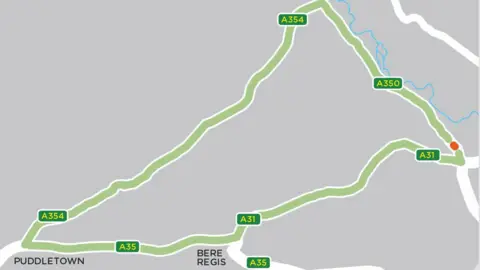 A graphic of the roads and the section of the A350 where the works will take place is marked orange and the diversion is marked green taking you down the A354, A35 and A31.