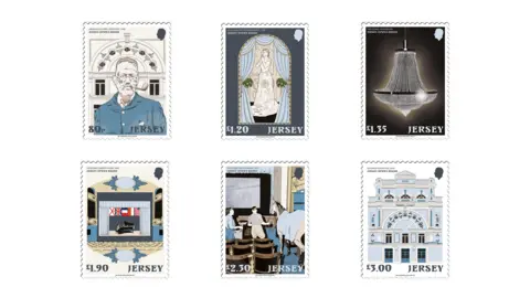 Jersey Post A set of six stamps showing various illustrations of Jersey's Opera House. The first features a man with a pipe, the second is a woman behind stage curtains, the third is a chandelier, the fourth is a stage with a pianist, the fifth is a theatre with a horse and two men and the sixth is a drawing of the opera house exterior. 