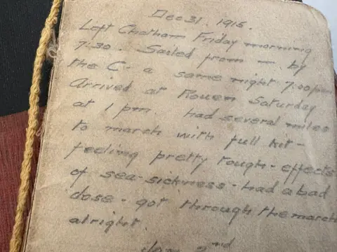 Kresen Kernow A diary dated 1915 the writer has neat handwriting, in this part he describes feeling seasick on the journey to Rouen in France. 