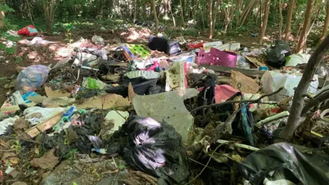 Piles of rubbish are scattered across woodlands including toys, bin bags and broken plastic chairs