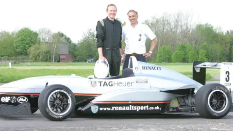 Lee Cunningham Nick Edginton (right) and Alex Thornton standing by a racing car