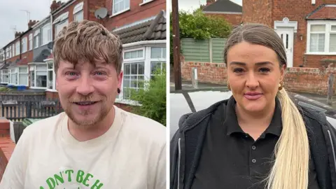 BBC/Richard Madden A composite image of a man and a woman who have spoken to the BBC about parking restrictions near their homes. The man, on the left of the image, has short brown hair and a beard. He is wearing a cream coloured t-shirt with a green logo. The woman, on the right, is wearing a black jacket and polo shirt. She has long blonde hair.