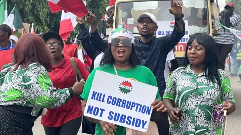 Getty Images People protest against the increase in fuel prices and the cost of living in Abuja, Nigeria - 2 August 2, 2023