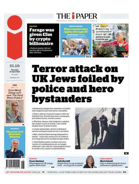 The headline on the front page of the i Paper reads: "Terror attack on UK Jews foiled by police and hero bystanders."