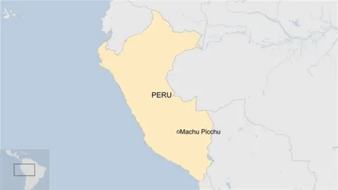 A map shows the country of Peru in yellow, with Unesco world heritage site Machu Piccu marked towards the bottom.