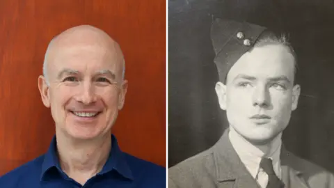 Matthew Collins A side by side image of a colour image of one man (left) and a black-and-white image of another man. The man in the colour photo is bald and wears a dark blue shirt. He stands against a red wall as he smiles directly at the camera. The other photo shows a young man wearing a military uniform, including a shirt and tie. He is looking slightly up and into the distance. His cap is tilted on the right side of his head.