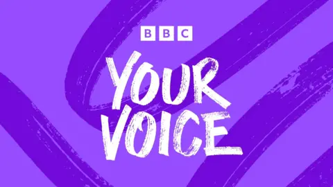 The BBC logo and text that reads "your voice" appear over a purple background.