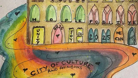 Submitted/Bradford Culture Company A sketch of what looks like an old town hall building, drawn in rainbow colours and showing windows adorned with words like 'hope', 'positivity' and 'joy'