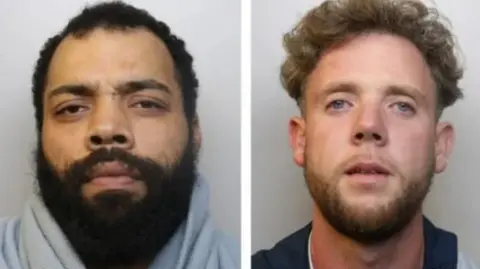 Junior Renford and James McGuinness both look into the camera for their police custody images. Renford has a thick black beard and wears what appears to be a light blue hoodie. McGuinness has a slightly ginger beard. 