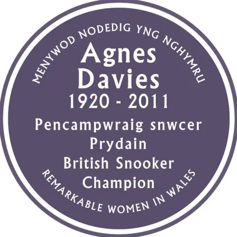 Purple Plaques Wales A mock-up of the purple plaque on Agnes Davies' childhood home. The inscription reads in both Welsh and English.
Agnes Davies 1920-2011
British Snooker Champion
Remarkable Women in Wales