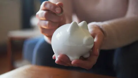 person putting a coin into a piggy bank