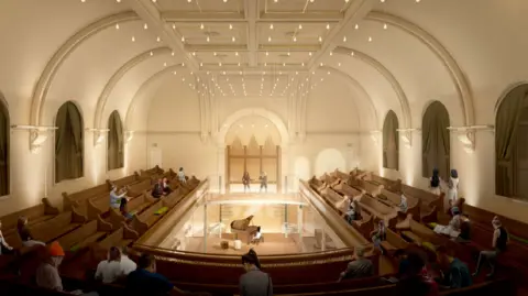 Maddox Planning We can see a computer generated image of how the upper part of the building would look. There is pew type seating laid out in a horseshoe formation, with a grand piano on the lower floor.