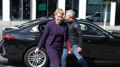 Berlin's state economy minister and former mayor of Berlin Franziska Giffey gets out of a car as she arrives to attend an event to promote solar energy, on May 8, 2024 in Berlin