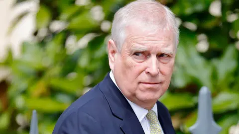 Getty Images Andrew Mountbatten-Windsor in blue suit, white shirt and yellow tie looks to his right, serious expression on his face. There are trees and a fence behind him.