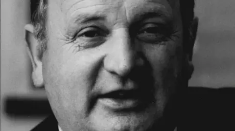 Getty Images Close up, black and white photo of former Bishop of Galway Eamonn Casey's face