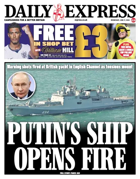 The headline on the front page of the Express reads: "Putin's ship opens fire".