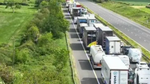 Vehicles queuing on the northbound carriageway of the M5.