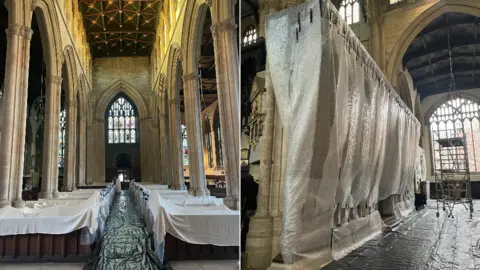 St Mary Magdelene Two interior shots of an old church, showing pews and internal features covered in sheets and bubble wrap, with black plastic on the floor