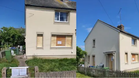 Two photos of the house which is a cream, semi-detached, two-storey building. The downstairs windows and doors have been boarded up and two bits of paper have been attached to the fence in front of the house.