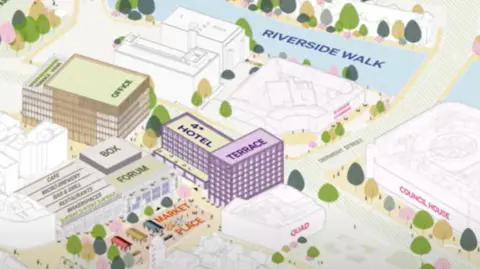 DERBY CITY COUNCIL Map graphic if Derby city centre with buildings labelled FORUM, BOX, TERRACE, 4* HOTEL